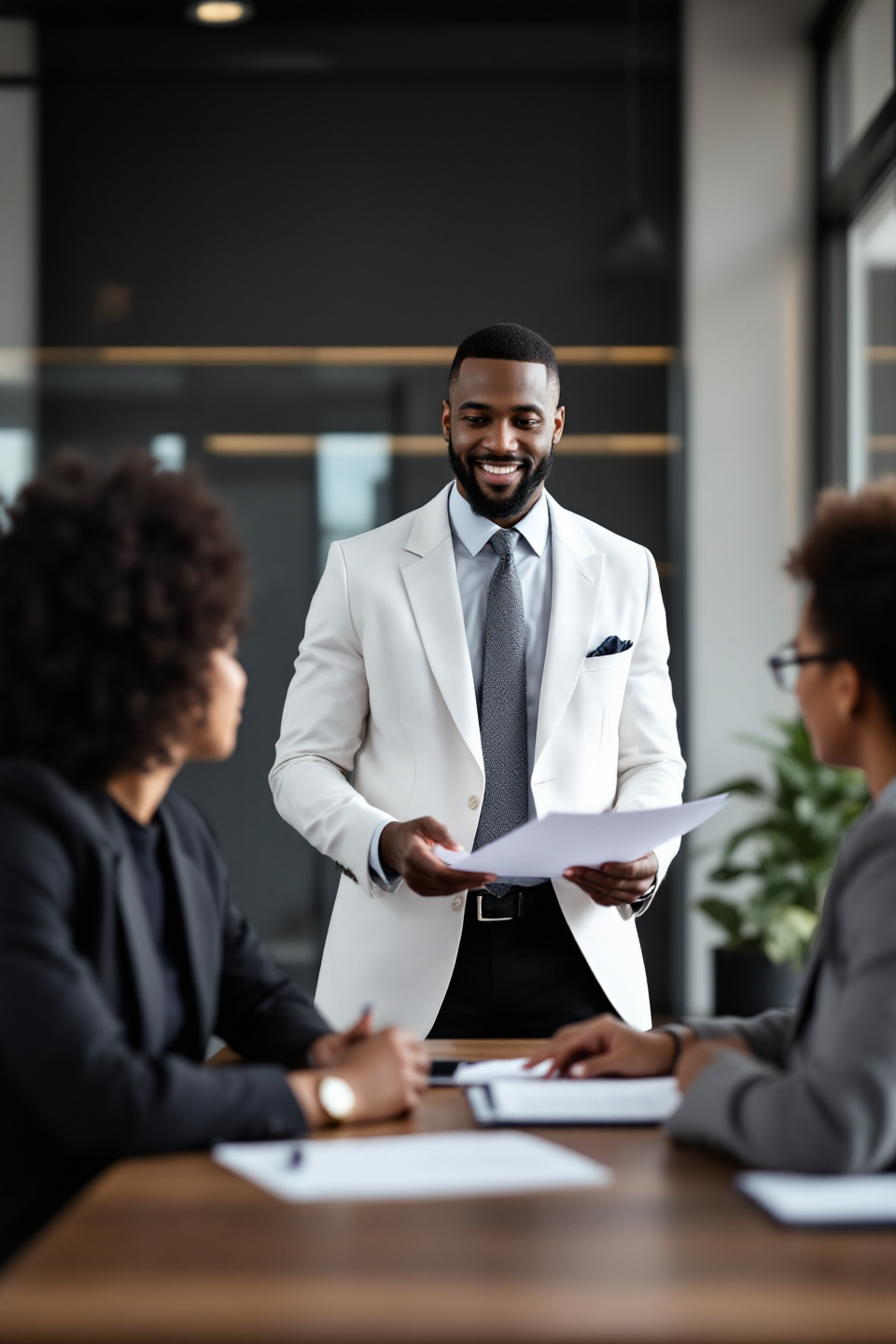 A black lawyer standing and advising an interracial team in a modern office