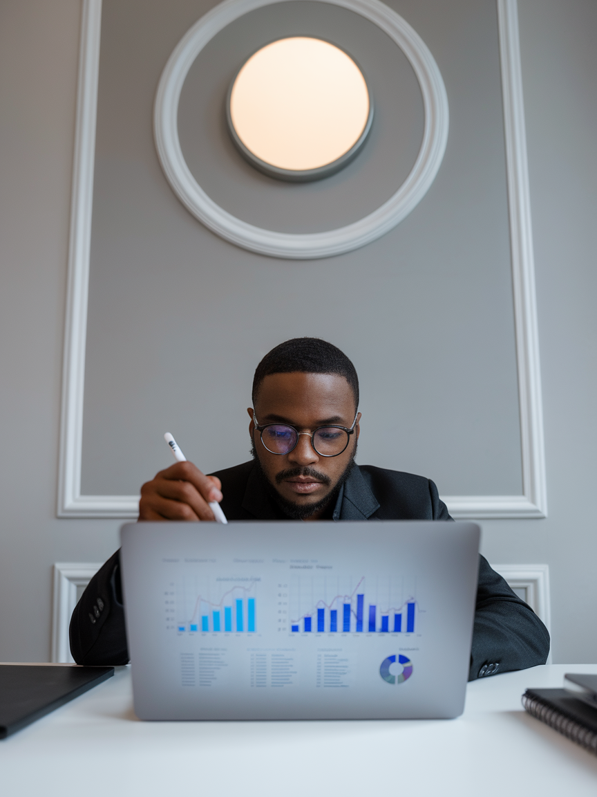 An african data scientist working at a desk with a laptop