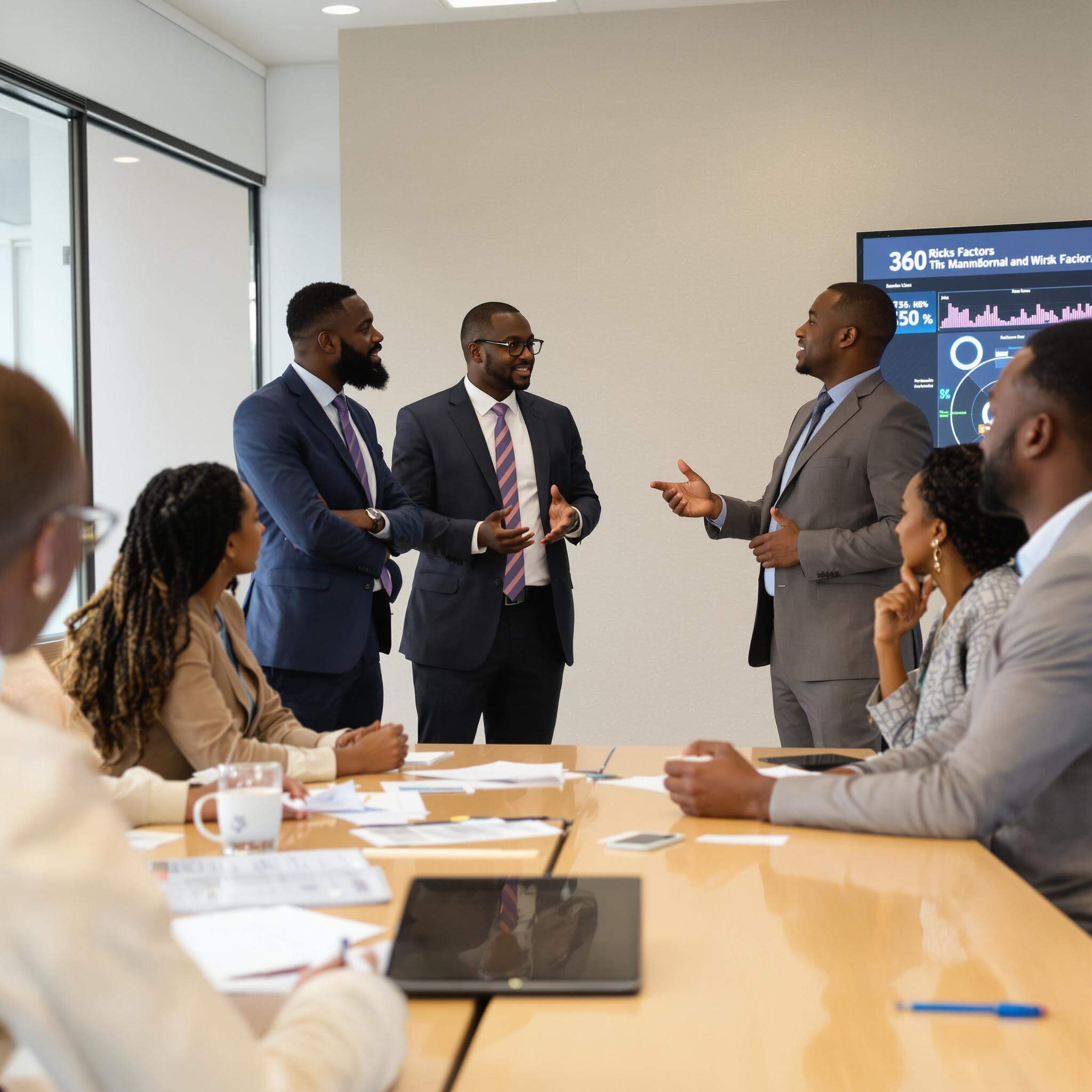 A group of black professionals in a business meeting discussing security measures