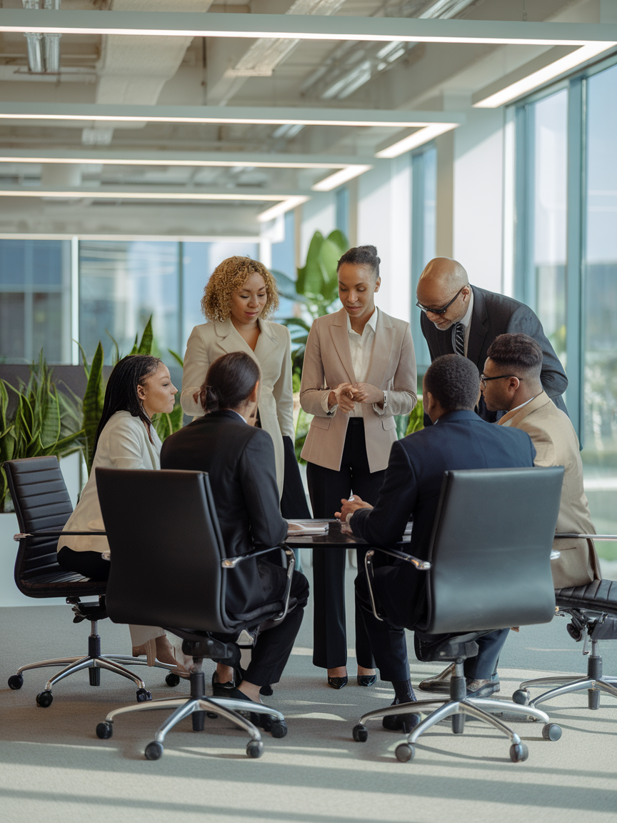 A group of black professionals in a business meeting discussing security measures