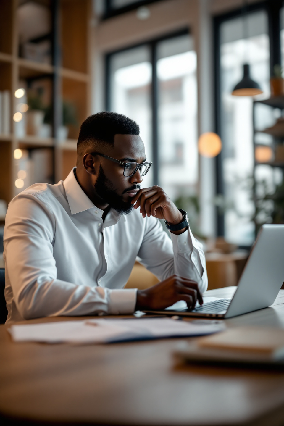 Black security consultant in a professional office, analyzing data on a laptop