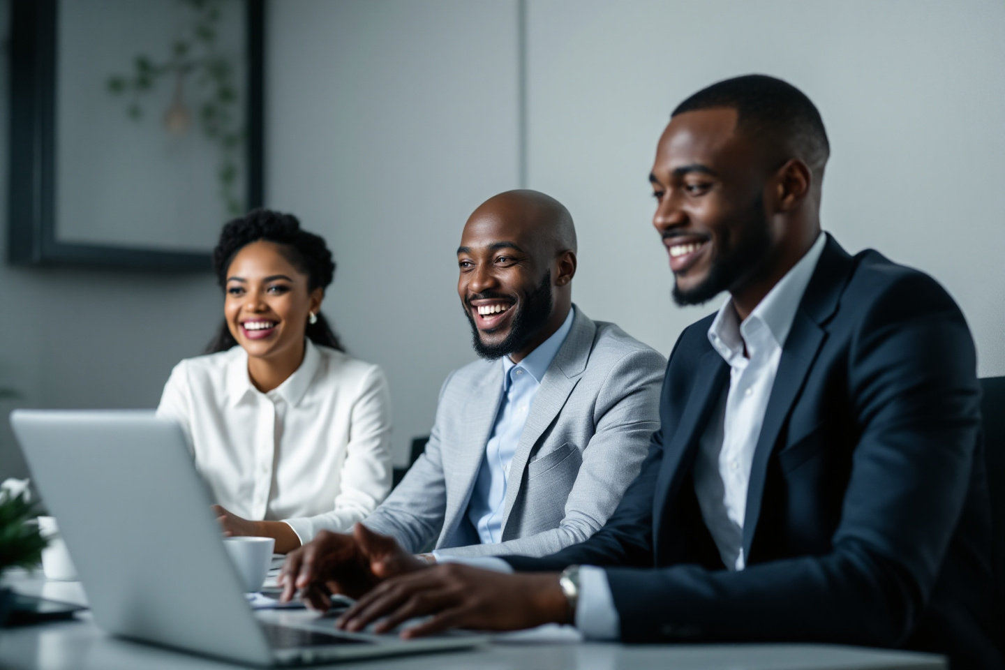 Black security consultant in a professional office, analyzing data on a laptop