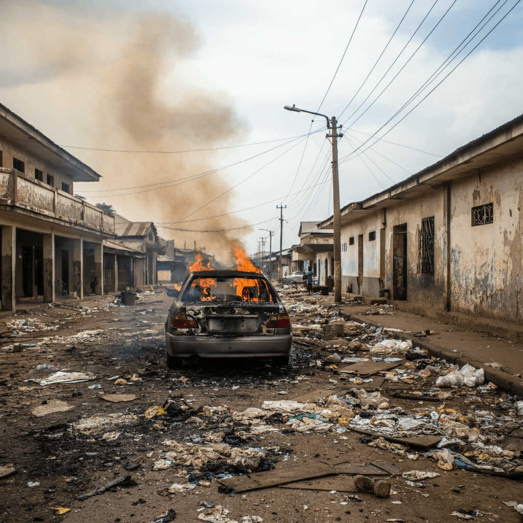 A bomb explosion with smoke and debris in a crowded city market