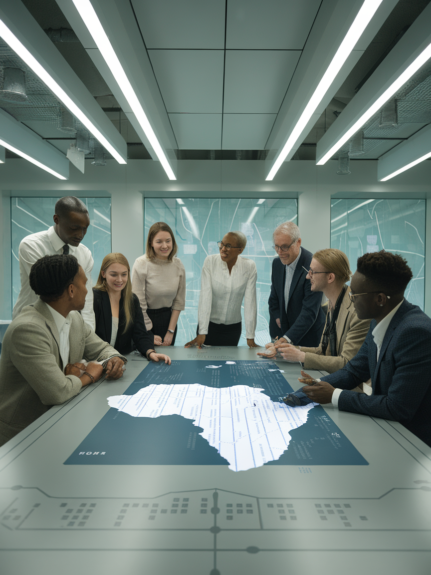 A diverse group of people around a table, brightly lit, focused on a map of Nigeria with data points, hopeful and confident, modern, bright colors